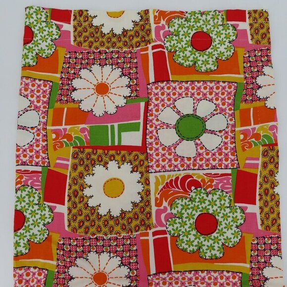 Retro 2 Curtains Pink White Yellow Orange Floral Flower Patchwork Pom Pom Trim - Picture 6 of 8